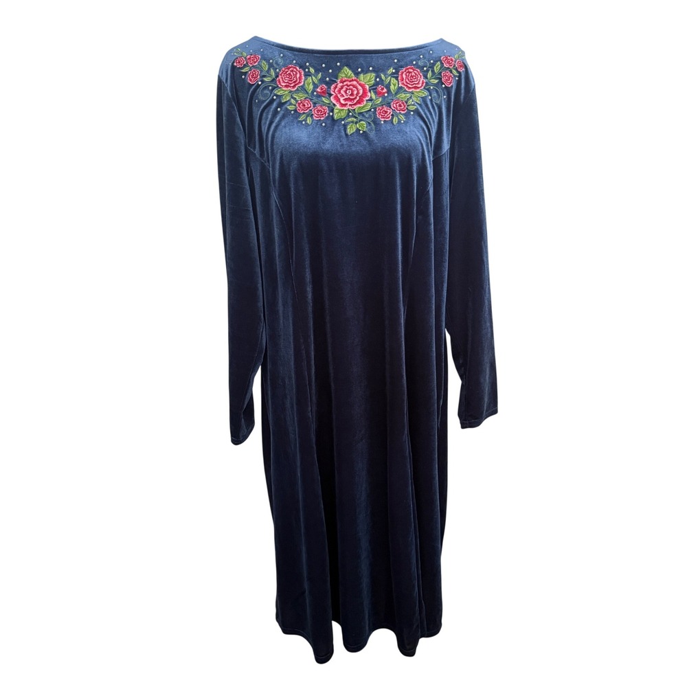 Quacker Factory Womens Navy Blue Velvet Embroidered Rose Midi Dress 1X Holiday